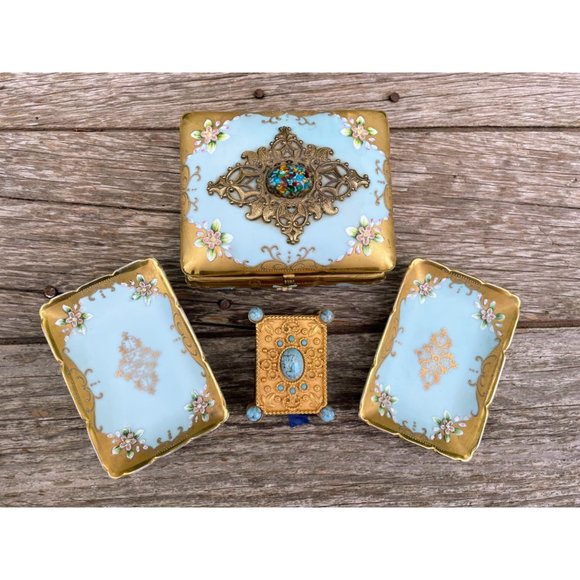 Vintage Lenwile Ardalt Porcelain Glass Jewel Vanity Set Box Match safe Trays - Picture 1 of 16